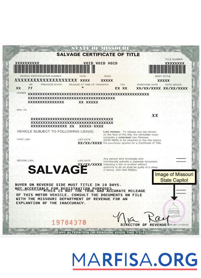 Blank USA Missouri salvage certificate of title real example